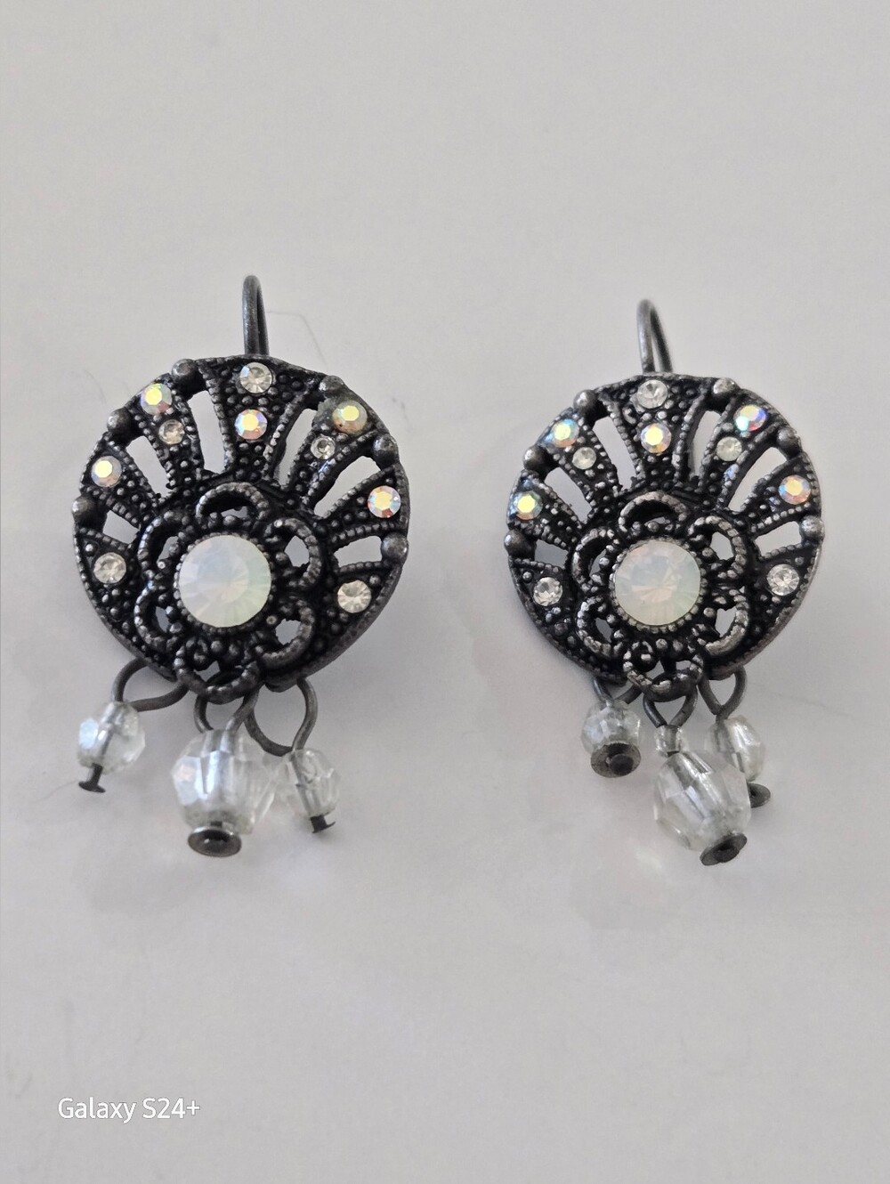 Crystal Accent Black Filigree Dangle Pierced Earrings - Unbranded